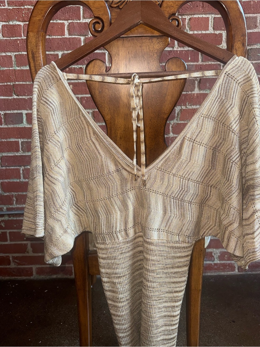 Baby Phat Y2K Metallic Gold Knit Mini Dress L Bell Sleeve Open Back
